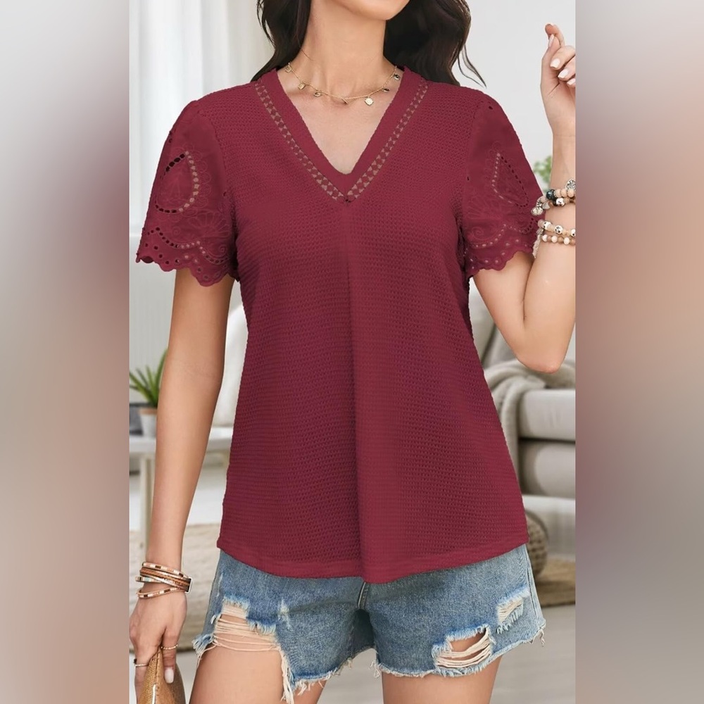 Falechay 🪺 Waffle Knit V-Neck Boho Blouse